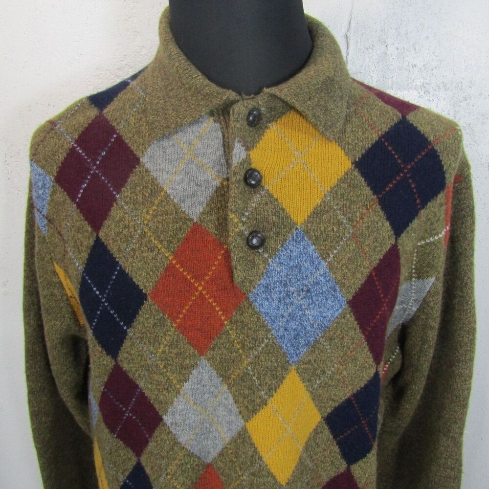 Jos. A. Bank Men's M Argyle Lambswool Blend Polo Sweater Green Elbow Patch